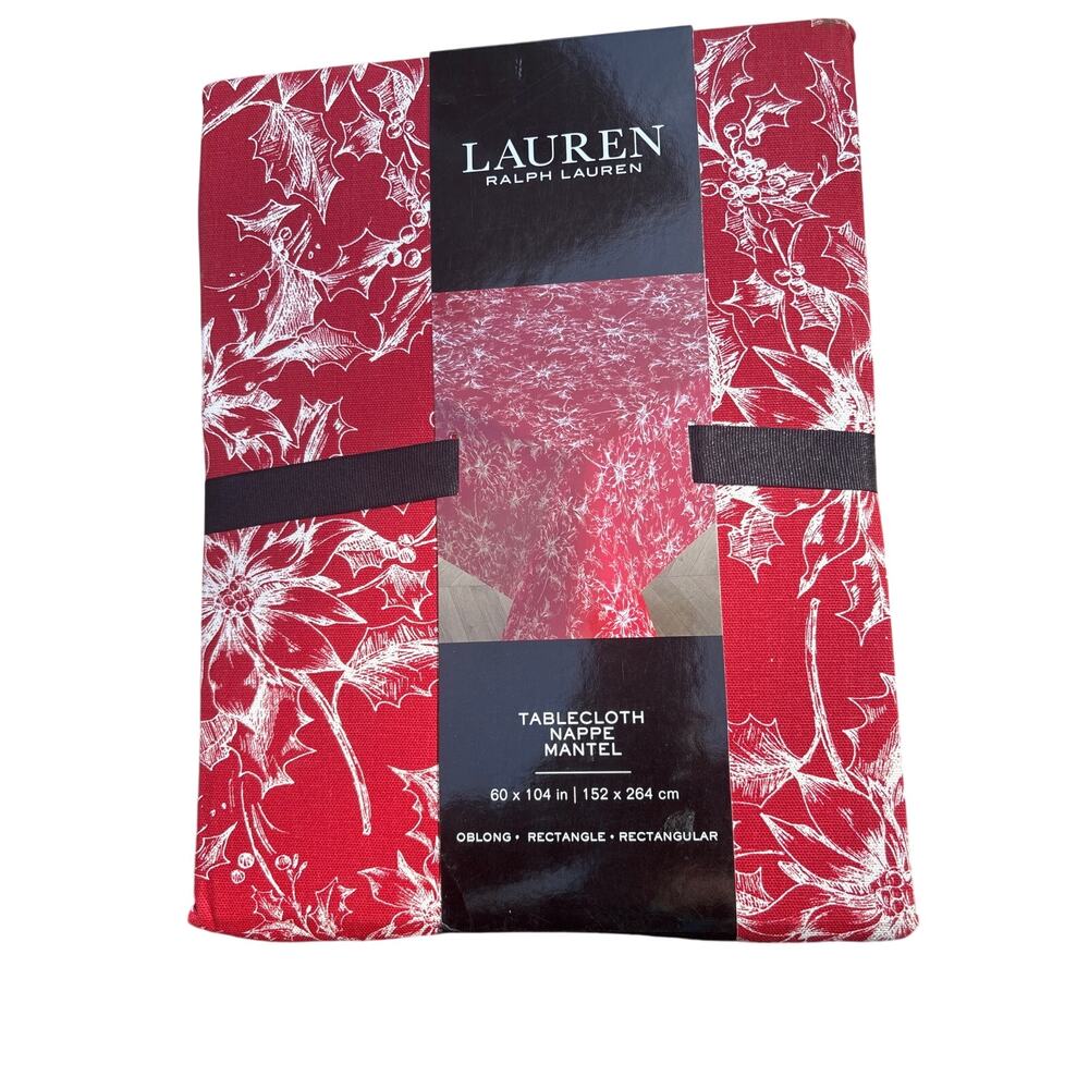 Lauren Ralph Lauren Red Christmas Tablecloth NEW Poinsettia Cotton 60x104 Preppy